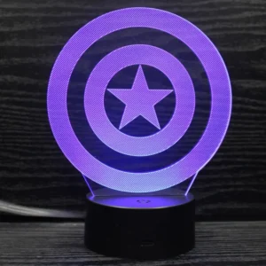 Captain America 3D lampe. Natlampe med Captain Americas Skjold. Farveskift mellem 7 farver.
