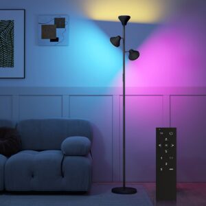 Dæmpbar gulvlampe med læselampe, RGB farveskiftende gulvlampe med fjernbetjening, touch-betjening, 3 roterende hoveder, sort