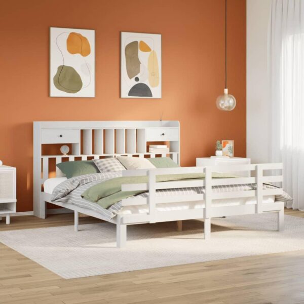 Dobbeltseng med reol 180x200 cm - massivt fyrretræ, hvid