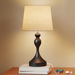 LED-bordlampe med 3 farvetemperaturer, sengelampe med USB A+C-opladeporte, skærm i linned, sort