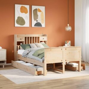 Seng med reol 135x190 cm - massivt fyrretræ, med skuffer og lamelbund