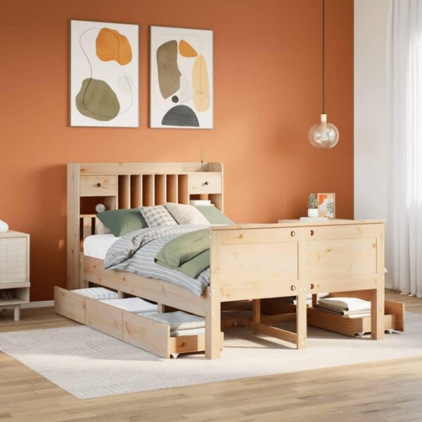 Seng med reol 135x190 cm - massivt fyrretræ, med skuffer og lamelbund
