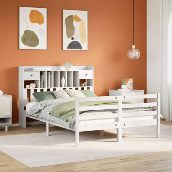 Seng med reol 140x200 cm i massivt fyrretræ - hvid
