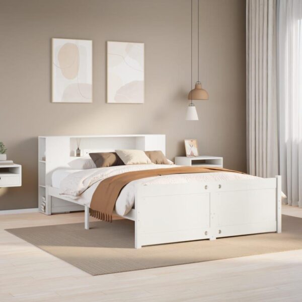 Seng med reol 140x200 cm - massivt fyrretræ, hvid
