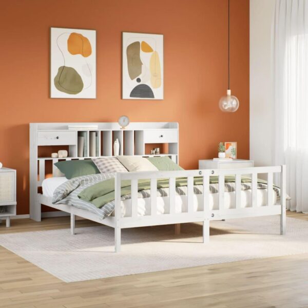 Seng med reol 180x200 cm i massivt fyrretræ - hvid