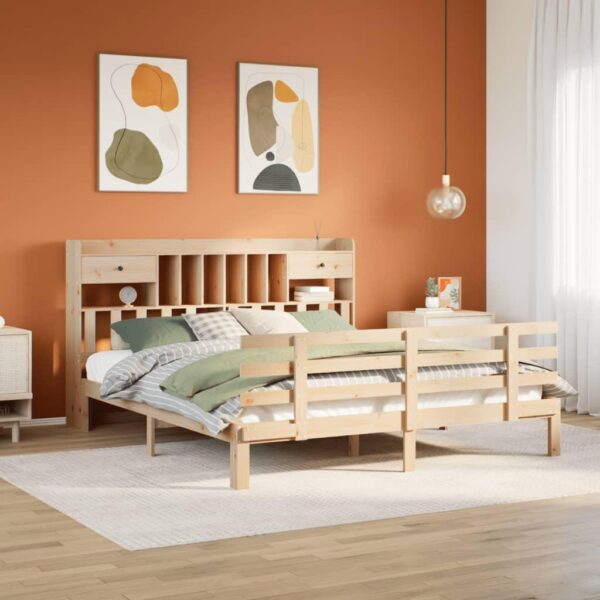 Seng med reol 180x200 cm i massivt fyrretræ - sengeramme med lamelbund og fodgærde