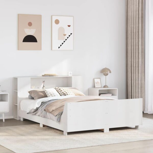 Sengeramme 160x200 cm i massivt fyrretræ - hvid, med sengegavl og opbevaring