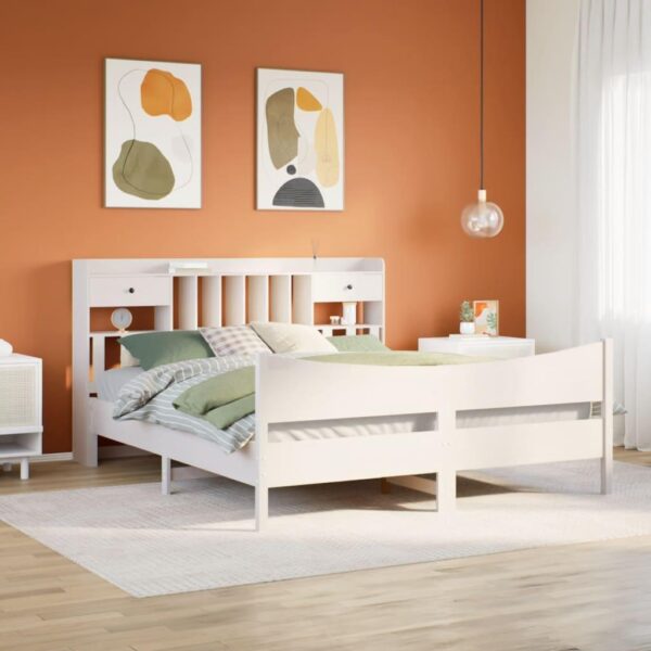 Sengeramme 180x200 cm i massivt fyrretræ - hvid, med sengegavl og opbevaring