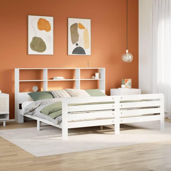 Sengeramme 180x200 cm i massivt fyrretræ - hvid med sengegavl og opbevaring