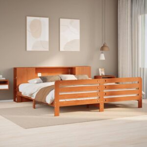 Sengeramme 200x200 cm i massivt fyrretræ - gyldenbrun med opbevarende sengegavl