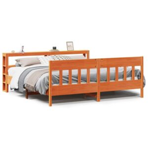 Sengeramme 200x200 cm i massivt fyrretræ - gyldenbrun med sengegavl og hylder