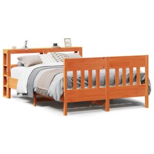 Sengeramme i massivt fyrretræ 120x200 cm - gyldenbrun med sengegavl og hylder