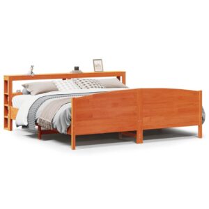 Sengeramme i massivt fyrretræ 200x200 cm - gyldenbrun med sengegavl og hylder