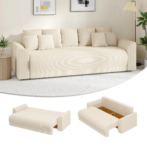 Sovesofa 230 cm 3-personers sofa med sovefunktion, hynder, opbevaringsplads, corduroy-look til stuen, beige