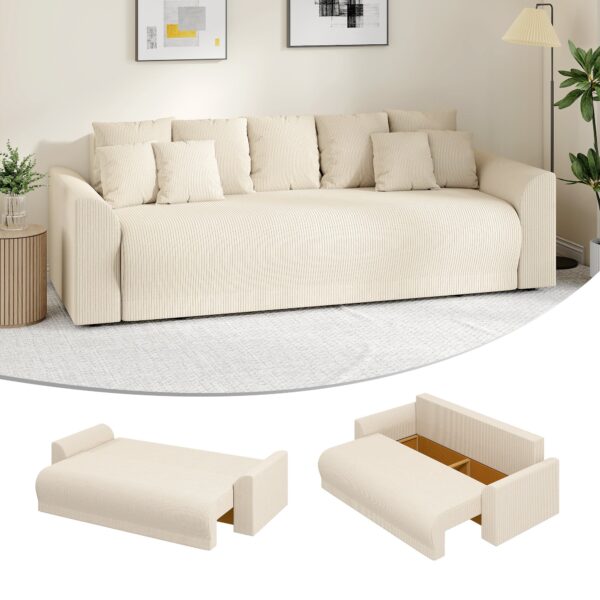 Sovesofa 230 cm 3-personers sofa med sovefunktion, hynder, opbevaringsplads, corduroy-look til stuen, beige