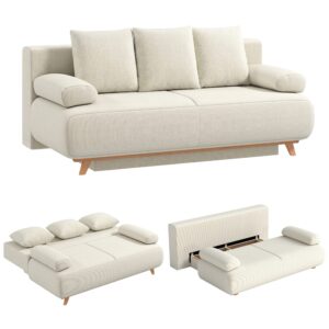 Sovesofa med justerbar ryglæn, sengefunktion, skjult opbevaringsplads og fløjlsbetræk, beige