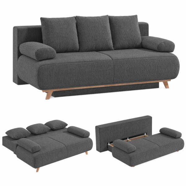 Sovesofa med justerbar ryglæn, sengefunktion, skjult opbevaringsplads og fløjlsbetræk, grå