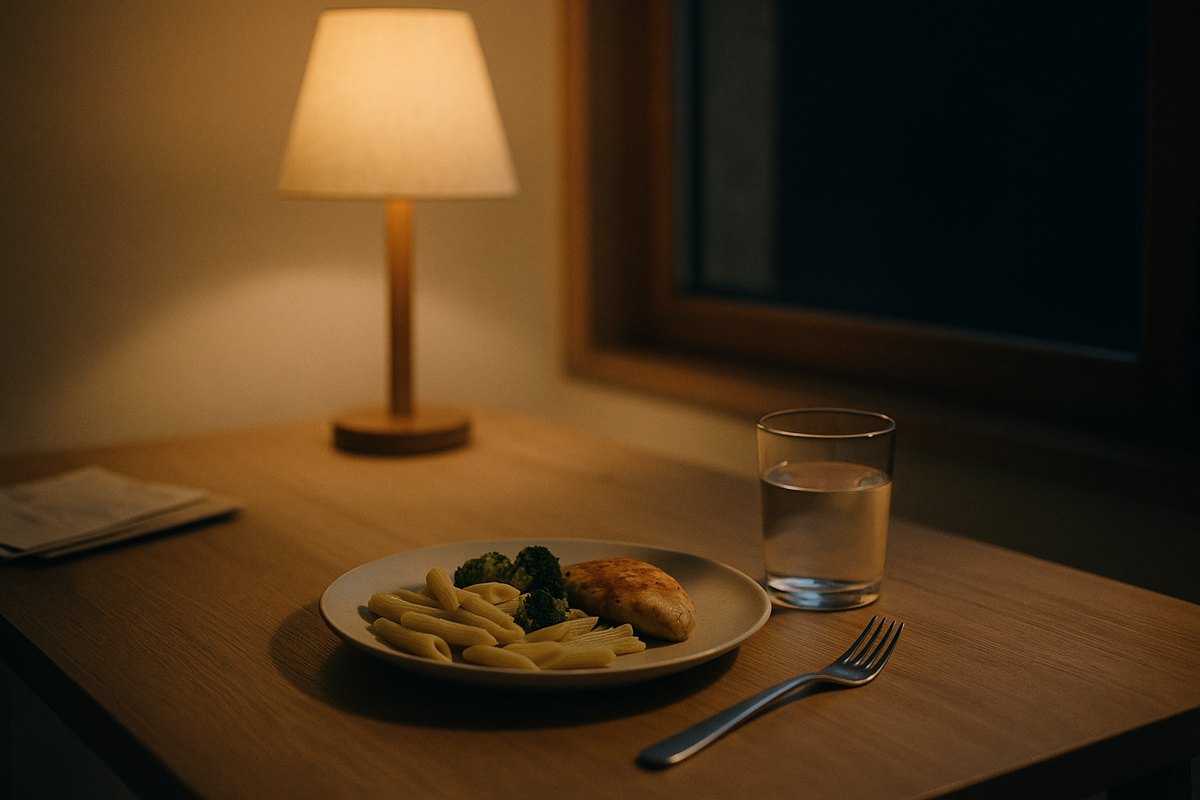 Et let aftensmåltid og et glas vand på et bord i lampelys om aftenen