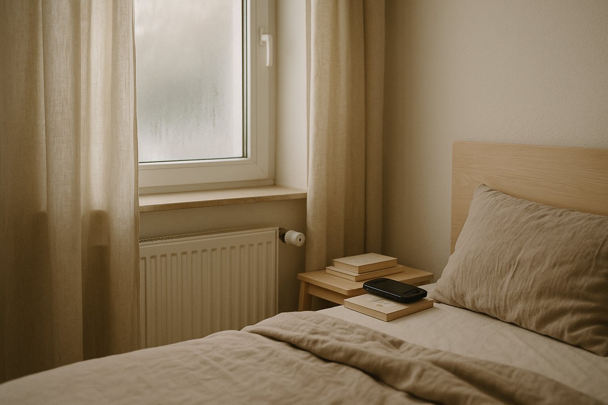 Radiator med termostat under et vindue med dug på glasset i et soveværelse
