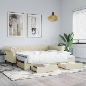 vidaXL daybed med udtræk og skuffer 90x200 cm kunstlæder cremefarvet