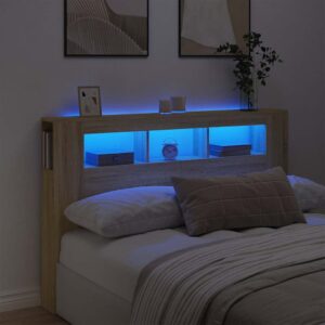 vidaXL sengegavl 160x18,5x103,5 cm LED-lys konstrueret træ sonoma-eg