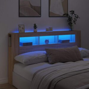 vidaXL sengegavl 180x18,5x103,5 cm LED-lys konstrueret træ sonoma-eg