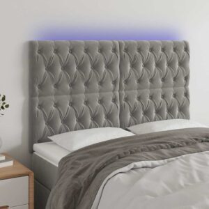 vidaXL sengegavl med LED-lys 160x7x118/128 cm fløjl lysegrå
