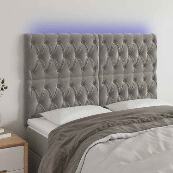 vidaXL sengegavl med LED-lys 160x7x118/128 cm fløjl lysegrå