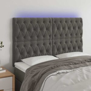 vidaXL sengegavl med LED-lys 160x7x118/128 cm fløjl mørkegrå