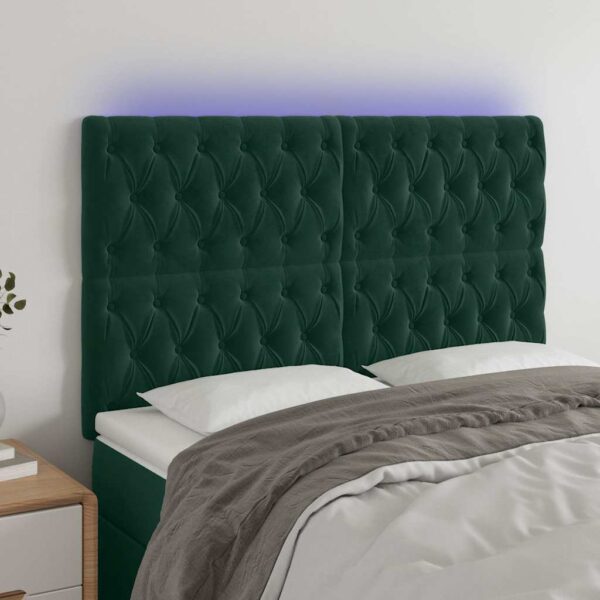 vidaXL sengegavl med LED-lys 160x7x118/128 cm fløjl mørkegrøn