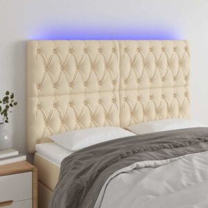 vidaXL sengegavl med LED-lys 160x7x118/128 cm stof cremefarvet