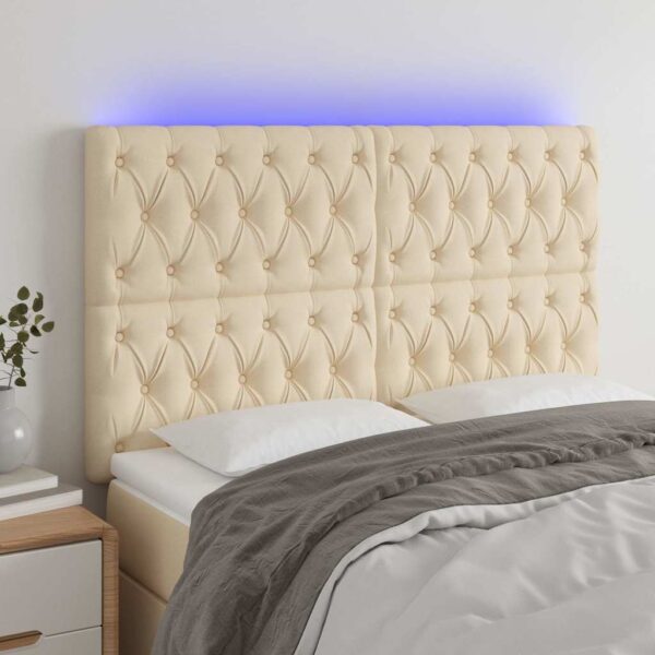 vidaXL sengegavl med LED-lys 160x7x118/128 cm stof cremefarvet