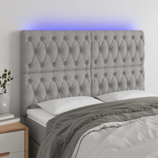 vidaXL sengegavl med LED-lys 160x7x118/128 cm stof lysegrå