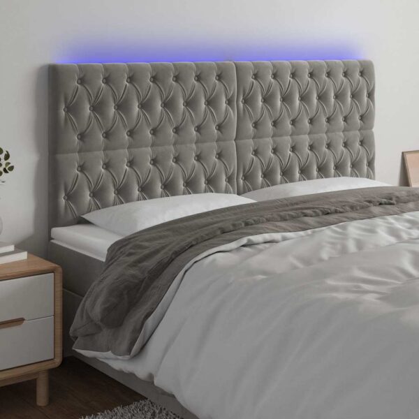 vidaXL sengegavl med LED-lys 180x7x118/128 cm fløjl lysegrå