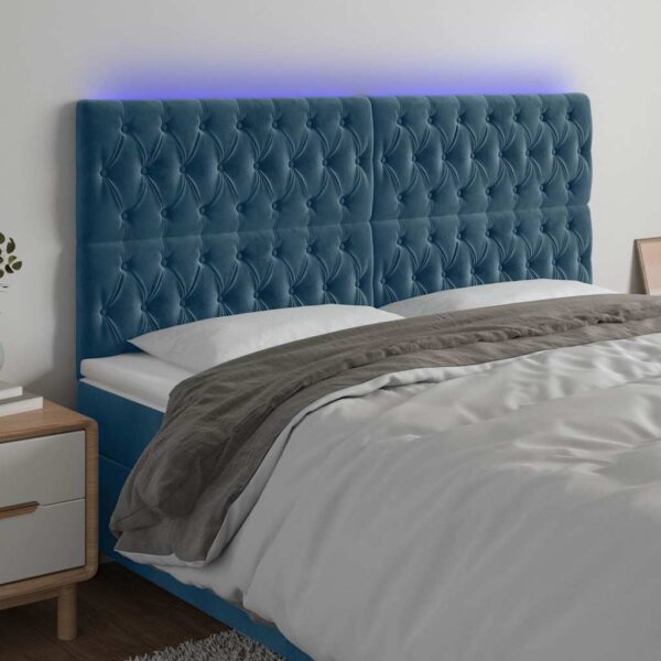 vidaXL sengegavl med LED-lys 200x7x118/128 cm fløjl mørkeblå