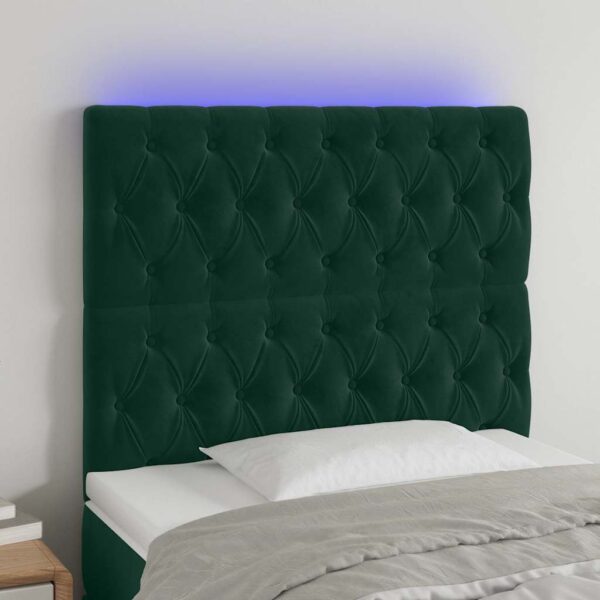 vidaXL sengegavl med LED-lys 90x7x118/128 cm fløjl mørkegrøn