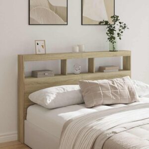 vidaXL sengegavl med opbevaring og LED-lys 160x17x102 cm sonoma-eg