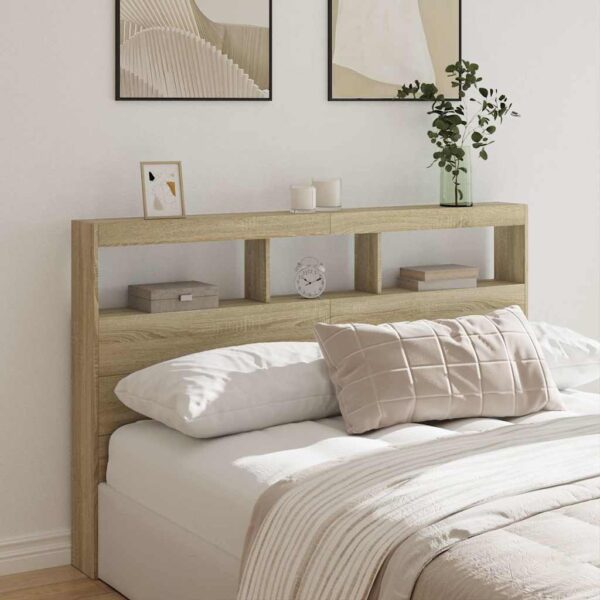 vidaXL sengegavl med opbevaring og LED-lys 160x17x102 cm sonoma-eg