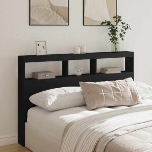vidaXL sengegavl med opbevaring og LED-lys 160x17x102 cm sort