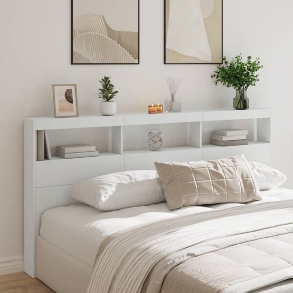 vidaXL sengegavl med opbevaring og LED-lys 200x17x102 cm hvid
