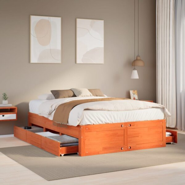 vidaXL sengeramme m. skuffer 140x200 cm uden madras massivt fyr brun