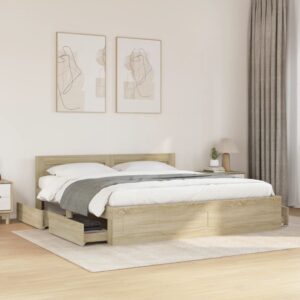 vidaXL sengeramme med sengegavl 200x200 cm konstrueret træ sonoma-eg