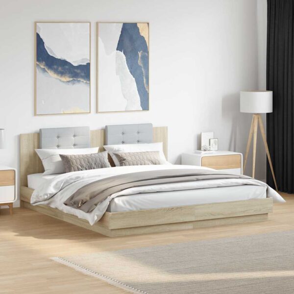 vidaXL sengeramme med sengegavl og LED-lys 160x200 cm sonoma-eg