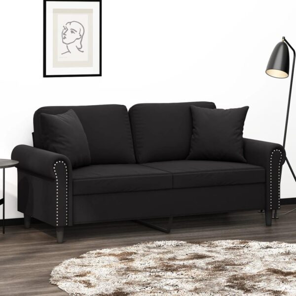 2-personers veloursofa med pyntepuder - sort