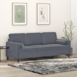 3-personers veloursofa med pyntepuder - mørkegrå