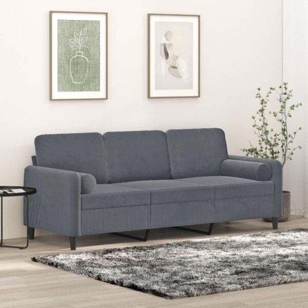 3-personers veloursofa med pyntepuder - mørkegrå