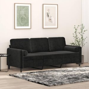 3-personers veloursofa med pyntepuder - sort