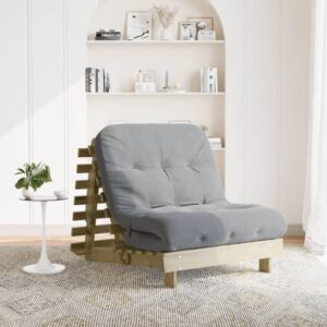 Futon med grå madras i massivt fyrretræ - 90 x 206 cm