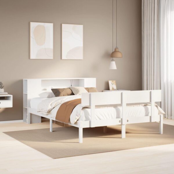 Seng med reol 160x200 cm - massivt fyrretræ, hvid