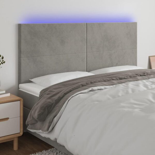 Sengegavl med LED-lys 160 x 5 x 118/128 cm fløjl - lysegrå
